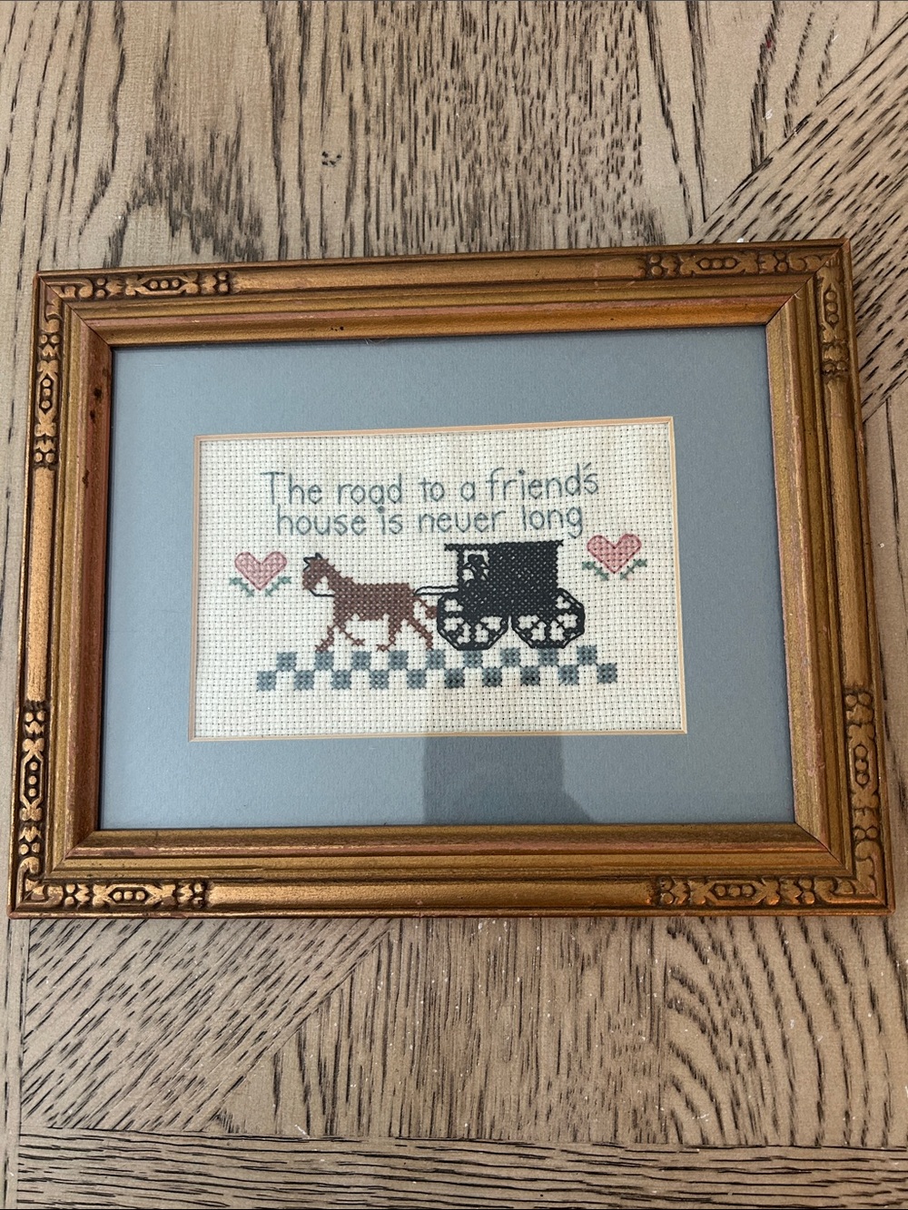Vintage Framed Cross-Stitch Wall Art - "The Road to a Friend's House" - Blue Mat